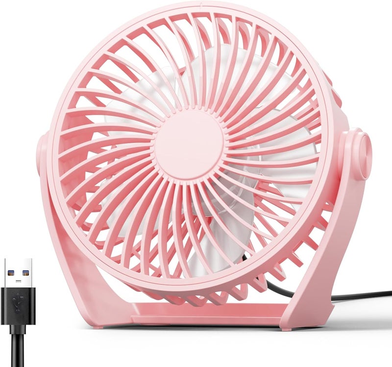 Edvision USB Desk Fan, 5 Inch Small Portable, 3 Speeds Powerful Wind Mini Personal Desktop Fan 360° Rotation Adjustable, Plug In USB Fan Quiet for Table Home Office Travel Car(Pink) - Image 1